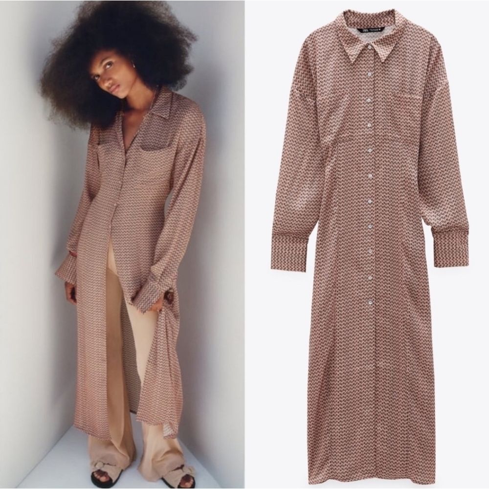 Zara Satin‎ Effect Floral Print Button Front Maxi Shirt Dress Long Sleeve NEW